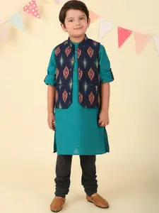 Fabindia Boys Ethnic Motifs Printed Band Collar Straight Kurta With Nehru Jacket