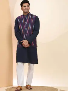 Moda Rapido Woven Design Band Collar Pure Cotton Straight Kurta With Pyjama & Nehru Jacket