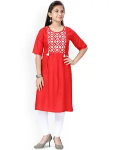 Sangria Girls Red Ethnic Motifs Printed Round Neck Pure Cotton Straight Kurta