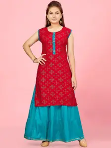 Sangria Girls Red Geometric Printed Round Neck A-Line Kurta