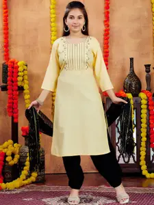 Sangria Girls Yellow Floral Printed Round Neck Straight Kurta