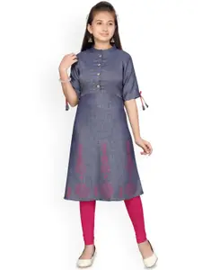 Sangria Girls Grey Floral Printed Mandarin Collar Pure Cotton A-Line Kurta