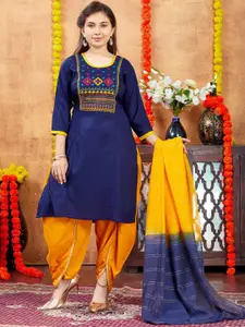 Sangria Girls Navy Blue Ethnic Motifs Embroidered Round Neck Cotton Straight Kurta