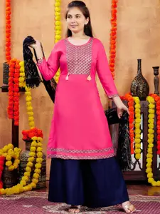 Sangria Girls Pink Ethnic Motifs Printed Round Neck Pure Cotton Straight Kurta