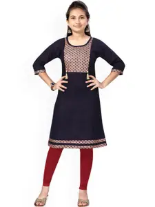 Sangria Girls Navy Blue Geometric Yoke Design Round Neck Pure Cotton Straight Kurta