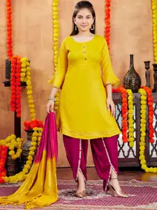 Sangria Girls Yellow Round Neck Flared Sleeves Pure Cotton A-Line Kurta