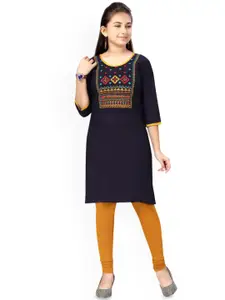 Sangria Girls Navy-Blue & Yellow Ethnic Motifs Embroidered Pure Cotton Round Neck Kurta