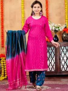 Sangria Girls Pink Chevron Embroidered Pure Cotton Straight Kurta