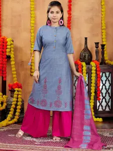 Sangria Girls Blue Floral Printed Mandarin Collar Pure Cotton A-Line Kurta