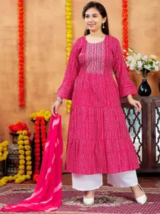 Sangria Girls Red Bandhani Printed Tiered Sequinned Pure Cotton A-Line Kurta