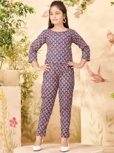 Sangria Girls Navy-Blue & Red Floral Printed Pure Cotton Top And Trousers Clothing Set