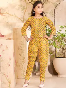 Sangria Girls Mustard Floral Printed Pure Cotton Top & Trousers
