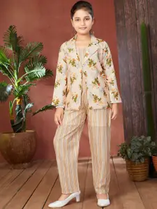 Sangria Girls Peach Floral Printed Pure Cotton Blazer Trouser & Crop Top Clothing Set