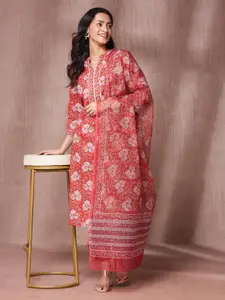 Fabindia Women Red Cotton Printed Kurta with Dupatta