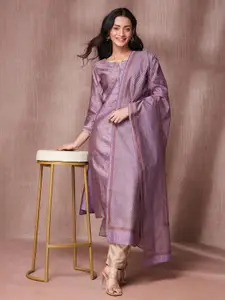 Fabindia Purple Block Printed Kurta with Dupatta