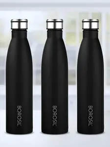 BOROSIL Black 3 Pieces Stainless Steel Printed Water Bottle 900ml each