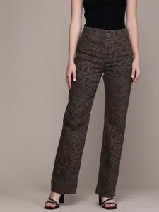 MANGO Women Straight Fit Leopard-print Pure Cotton Jeans