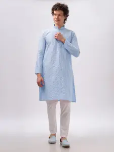Anouk Men Blue and White Ethnic Motifs Embroidered Thread Work Straight Kurta