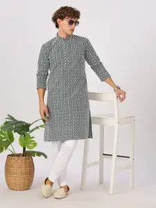 Anouk Green Floral Embroidered Mandarin Collar Cotton Straight Kurta