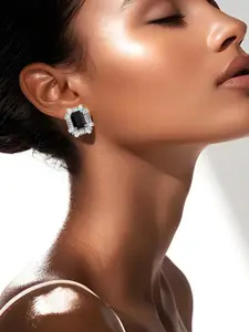 Rubans Rhodium-Plated Black Onyx & Cubic Zirconia Studded Statement Studs Earrings