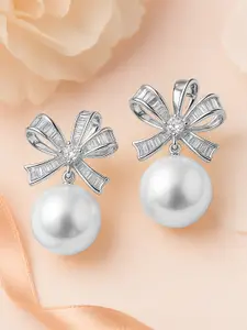 Rubans Rhodium-Plated Cubic Zirconia & Pearl Bow Design Stud Earrings