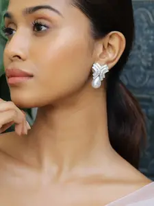 Rubans Rhodium-Plated Cubic Zirconia & Pearl Drop Earrings
