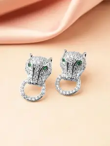 Rubans Rhodium-Plated Cubic Zirconia Panther Design Stud Earrings with Emerald Accents