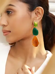 Rubans 18K Gold-Plated Green & Amber Beaded Stylish Drop Earrings