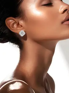 Rubans Rhodium-Plated Cubic Zirconia Studded Clover-Shaped Stud Earrings