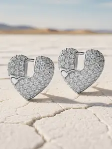 Rubans Rhodium-Plated Cubic Zirconia Studded Heart Shape Hoop Earrings