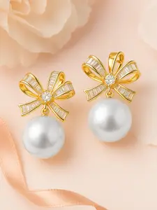 Rubans 18K Gold-Plated Bow Design Cubic Zirconia & Pearl Stud Earrings