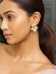 Rubans 18K Gold-Plated White Cubic Zirconia Floral Design Pearl Stud Earrings