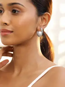 Rubans Voguish Rubans Rhodium-Plated Pearl Centerpiece Cubic Zirconia Half Hoop Earrings