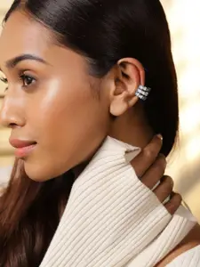 Rubans Voguish Rubans Rhodium-Plated Cubic Zirconia Studded Geometric Design Openable Ear Cuff Earrings