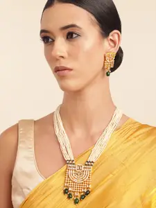 Anouk Gold Plated Kundan Studded Beaded Premium Layered Necklace & Earring Set