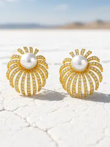 Rubans 18K Gold Plated Cubic Zirconia Floral Design Pearl Stud Statement Earrings