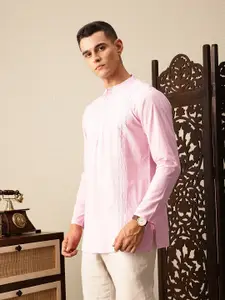 House of Pataudi Hand crafted chikankari band collar pure cotton Jashn short length kurta