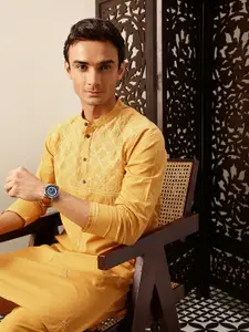 House of Pataudi Hand crafted chikankari pure cotton Jashn kurta paired with matching pyjama trousers