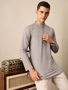 House of Pataudi Hand crafted chikankari band collar pure cotton Jashn short length kurta