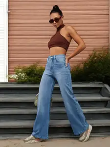 DOLCE CRUDO Women Wide Leg High-Rise Light Fade Stretchable Jeans