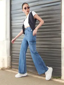 DOLCE CRUDO Women Wide Leg High-Rise Mildly Distressed Light Fade Stretchable Jeans