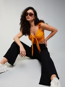 DOLCE CRUDO Women Wide Leg High-Rise Heavy Fade Stretchable Jeans