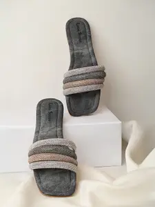 LOUIS STITCH Women's Grey Glitter Strap Flat Heel Lightweight Sandals