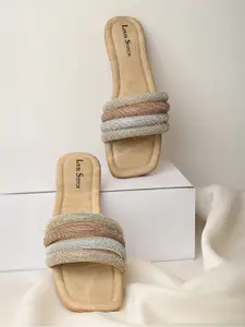LOUIS STITCH Women Beige Glitter Strap Flat Heel Lightweight Sandals