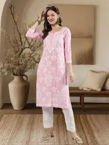 Seva Chikan Floral Embroidered Lucknowi Chikankari Notch Neck Georgette Straight Kurta