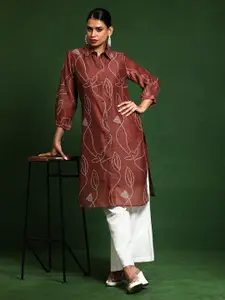 Varanga Floral Printed Chanderi Silk Shirt Collar Straight Kurta