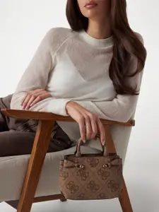 GUESS Ethnic Motifs Printed PU Structured Satchel with Cut Work