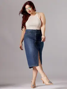 Miss Chase A+ Women A-Line High-Rise Denim Midi Skirt With Front Slit