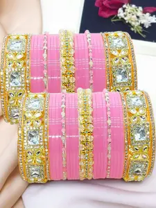 BeautyTrends Set Of 50 Gold-Plated Kundan Studded & Artificial Beaded Chuda Bangles