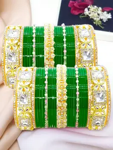BeautyTrends Set Of 50 Gold-Plated Kundan Studded & Artificial Beaded Chuda Bangles